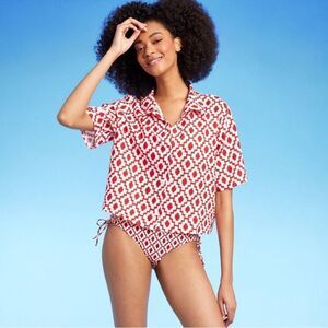 *NWT Shade & Shore XL White Red Cropped Button Up Short Sleeve Cover Up
